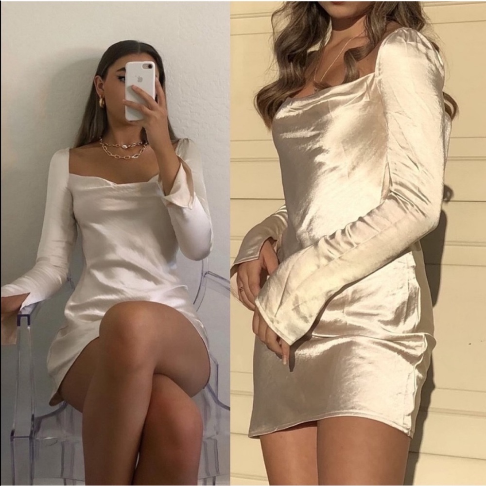 Princess Polly Star Power Champagne Long Sleeve Satin Silky Mini Dress Champagne